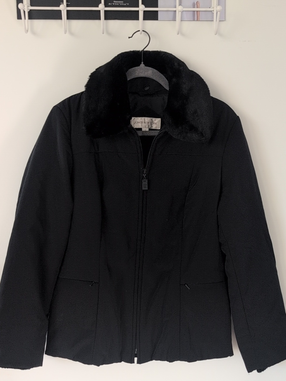 Jones New York Black Pea Coat with Faux Fur Collar